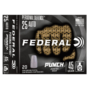 Federal Ammunition PD25P1 Premium Personal Defense Punch 25 ACP Luger 45 gr JHP Ammo Handgun Ammo - 200 Rounds - 