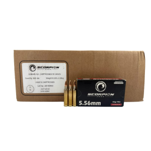 Scorpion Ammo 5.56 NATO, M193, New Production, FMJ, 55 Grain, Boxer Primer, Brass Case, Non-Corrosive, Reloadable, 500rd Case - 556055FMJ-T20-CASE
