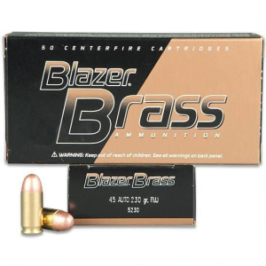 CCI Blazer Brass 45 ACP 230 GR FMJ Ammo, Brass Cased, Boxer Primed, Non-Corrosive, Reloadable - 1000 Round Case Mfg # 5230 - Cci