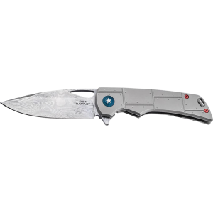 Boker 01BO910DAM P-51 Damast 3.35\" Drop Point Plain Silver Acid Etch Damascus Blade Titanium Handle