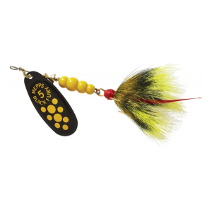Mepps Aglia Black Fury Dressed Inline Spinner 1/2oz Gray & Yellow Tail Yellow Dot Blade