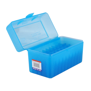 MTM Flip Top Ammo Box 7mm Remington Magnum, 300 Winchester Magnum, 375 H&H Magnum 50-Round Plastic Clear Blue