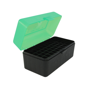 MTM Flip Top Ammo Box 22-250 Remington, 243 Winchester, 308 Winchester 50-Round Plastic Clear Green and Black