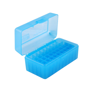 MTM Flip Top Ammo Box 22-250 Remington, 250 Savage, 35 Remington 50-Round Plastic Clear Blue