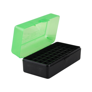 MTM Flip Top Ammo Box 223 WSSM, 243 WSSM, 500 S&W Magnum 50-Round Plastic Clear Green and Black