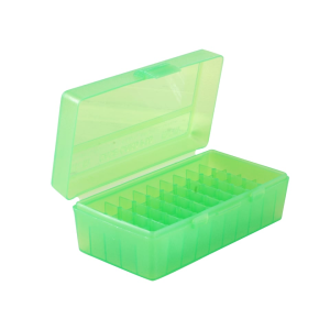 MTM Flip Top Ammo Box 41 Remington Magnum, 44 Remington Magnum, 45 Colt (Long Colt) 50-Round Plastic Clear Green