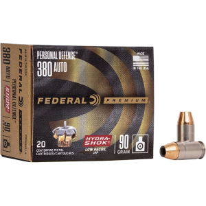 Federal Premium Personal Defense Reduced Recoil 380 ACP Ammo 90 Grain Federal Hydra-Shok Jacketed Hollow Point Case of 200 (10 Boxes of 20) - Federal Premium