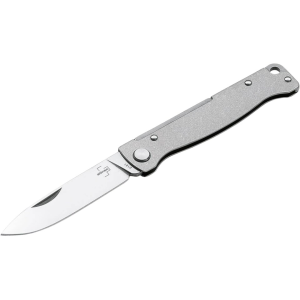 Boker Knives Atlas Pocket Knife 2.64" Drop Point Sandvik 12C27 Satin Blade Stainless Steel Handle Gray