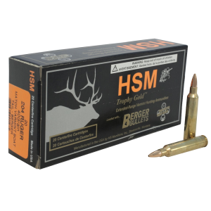 HSM Varmint Gold 204 Ruger Ammo 40 Grain Berger Varmint Jacketed Hollow Point Box of 20 - Hsm