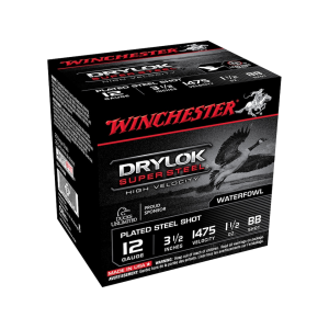 Winchester Drylok Super Steel High Velocity Waterfowl 12 Gauge Ammo 3-1/2" BB Copper Plated Steel Shot 1-1/2 oz Case of 250 (10 Boxes of 25)
