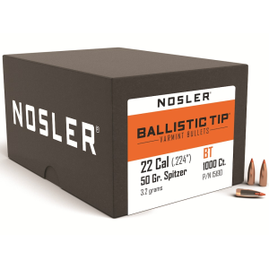 Nosler Ballistic Tip Varmint 22 Caliber (224 Diameter) Bullets 50 Grain Polymer Tip Box of 1000
