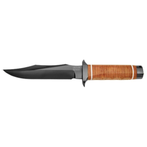 SOG Super Bowie Fixed Blade Knife 7.5" Clip Point AUS-8 Titanium Nitride Blade Stacked Leather Handle Brown