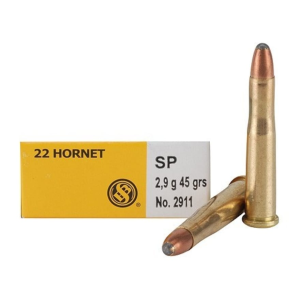 Sellier & Bellot 22 Hornet Ammo 45 Grain Jacketed Soft Point Box of 20