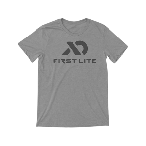 First Lite Men's Stacked Logo Short Sleeve Crew Neck T Shirt Gray Heather 2XL