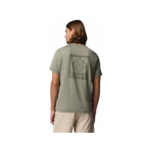 Columbia Men's Parsons Point Short Sleeve Crew Neck T Shirt Stone Green Heather/Athletic Gem Badge Medium