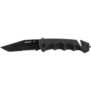 Coast DX330 Double Lock Pocket Knife 3.25" Partially Serrated Tanto Point 7Cr17MoV Black Blade Nylon Handle Black