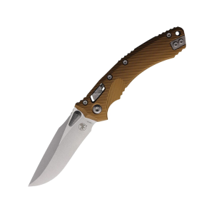 Microtech Amphibian S/E Pocket Knife 3.9" Clip Point Bohler M390MK Stonewashed Blade Fluted Aluminum Handle Tan