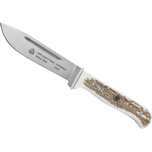 PUMA SGB Hunter's Friend Fixed Blade Knife 4.7" Drop Point DIN 1.4116 Satin Blade Commando Stag Handle White