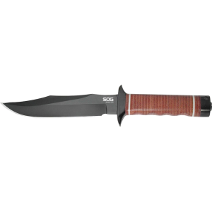 SOG Bowie 2.0 Fixed Blade Knife 6.4" Clip Point AUS-8 Titanium Nitride Blade Leather Handle Brown