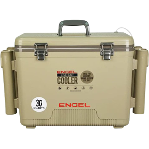 Engel 30 Quart Live Bait Pro Cooler Tan with Rod Holders and AP4 XL Rechargeable Aerator