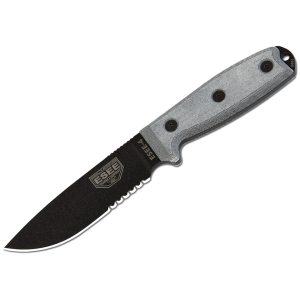 ESEE Knives ESEE-4 Fixed Blade Knife 4.5" Partially Serrated Drop Point 1095 Black Blade Micarta Handle Gray