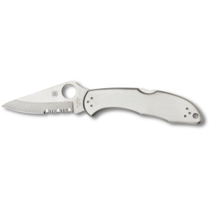 Spyderco Delica 4 Pocket Knife 2.95" Partially Serrated Leaf VG-10 Satin Blade Stainless Steel Handle Silver