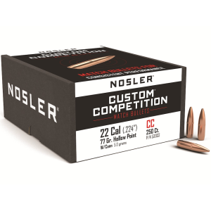 Nosler Custom Competition 22 Caliber (224 Diameter) Bullets 77 Grain Jacketed Hollow Point with Cannelure Box of 250