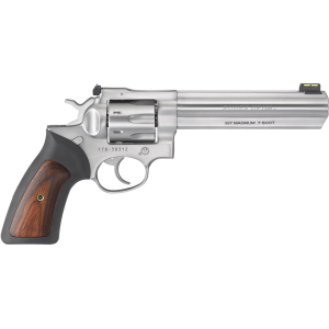 Ruger GP100 357 Magnum Revolver 6" Stainless Barrel 7 Round Black/Brown Grip