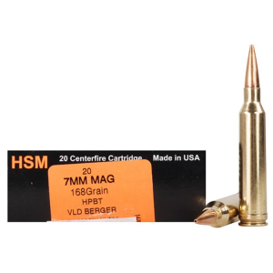 HSM Trophy Gold 7mm Remington Magnum Ammo 168 Grain Berger Hunting VLD (Very Low Drag) Jacketed Hollow Point Box of 20