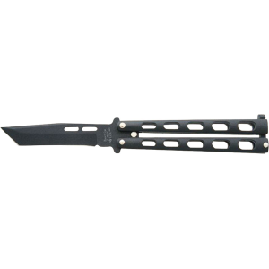 Bear & Son 115TANB Butterfly Knife 3.375" Tanto Point 1095 Black Powder Coat Blade Zinc Handle Black