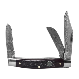 American Buffalo Knife & Tool Tombstone Stockman Pocket Knife 2.875" Clip Point Damascus Satin Blade Bone Handle Black