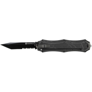 Smith & Wesson OTF Assisted Opening Knife 3.6" Serr Tanto Point AUS-8 Stainless Steel Blade Aluminum Handle Black