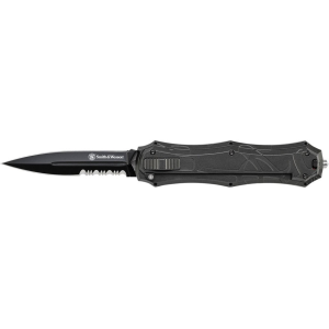 Smith & Wesson OTF Assisted Opening Knife 3.6" Serrated Spear Point AUS-8 Stainless Steel Blade Aluminum Handle Black