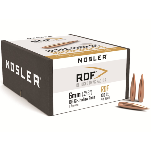 Nosler RDF 6mm, 243 Caliber (243 Diameter) Bullets 105 Grain Jacketed Hollow Point Box of 100