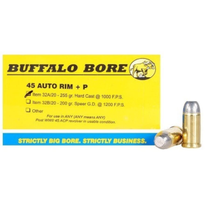Buffalo Bore 45 Auto Rim (Not ACP) +P Ammo 255 Grain Flat Nose Box of 20