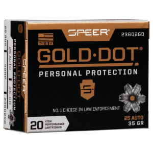 Speer Gold Dot 25 ACP Ammo 35 Grain Bonded Jacketed Hollow Point Box of 20