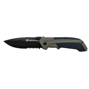 Smith & Wesson 1100036 Assisted Opening Pocket Knife 3.25" Partially Serrated Drop Point 8Cr13MoV Black Blade Aluminum/Rubber Handle Olive Drab