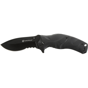 Smith & Wesson Black Ops Recurve Assisted Opening Pocket Knife 3.5" Partially Serrated Drop Point 8Cr13MoV Black Blade G-10 Handle Black
