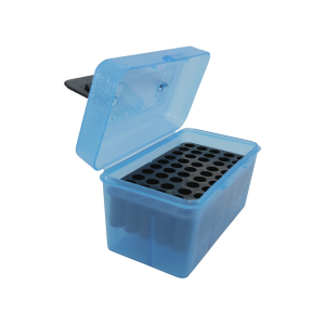 MTM Deluxe Flip Top Ammo Box with Handle 264 Winchester Magnum to 458 Winchester Magnum 50-Round Plastic Clear Blue