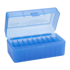 MTM Flip-Top 300 WSM 45-70 7mm R Saum 50 Round Clear Blue Ammo Box (RMLD-50-24)